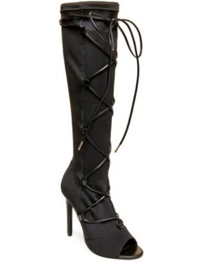 Steve Madden Black Lace-Up Peep-Toe Knee-High Stiletto Boots